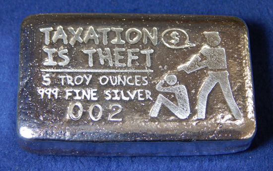 5 Ounce Silver MemeBar #1 - Taxation is Theft